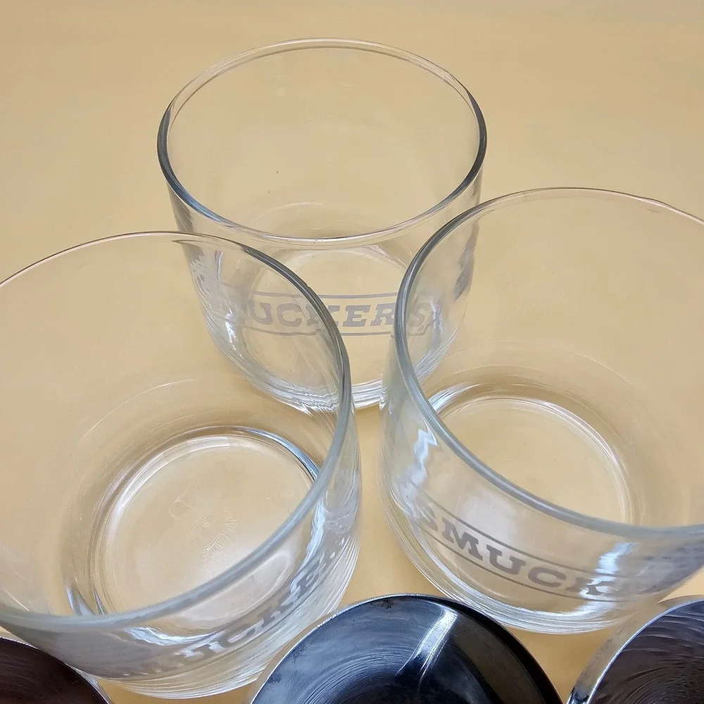 Vintage Smuckers‎ Glass Jam Jelly Condiment Jars Set of 3 with Metal Caddy